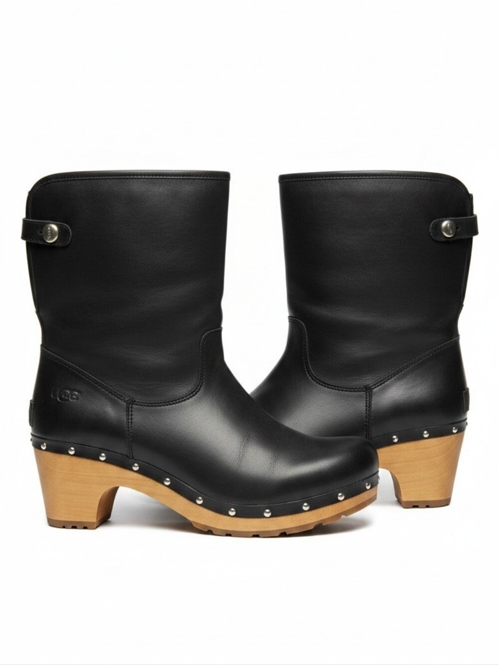 UGG Black Leather Wooden Clog Boots - Size 7 (Style 1001793)